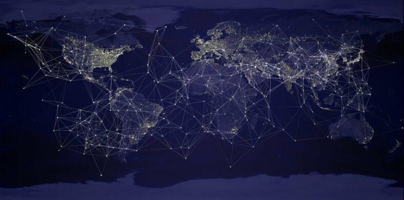 Computergrafik: Eine dunkle Karte der Welt bei Nacht mit Linien und Punkten.