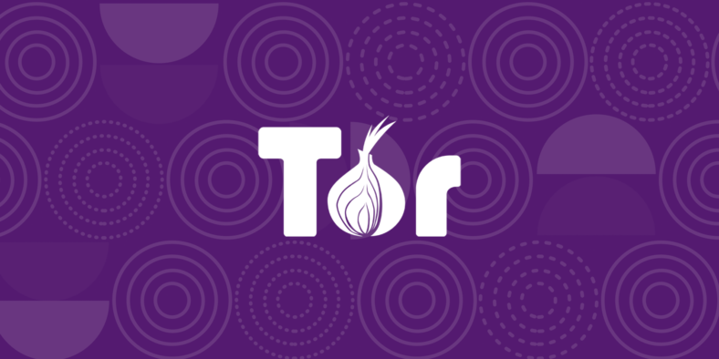 Computergrafik: TOR-Projekt Logo, großes T, das o ist das Symbol einer Zwiebel, und ein kleines r, auf einen violetten Hintergrund, auf dem mehrere Kreise zu sehen sind, wie die Schichten einer Zwiebel.