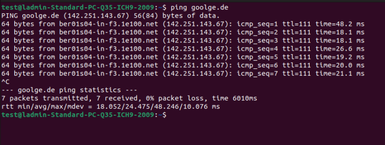 Bildschirmfoto: Ein Screenshot eines Ubuntu Terminals in den Standard Farben, auf dem Terminal ist der Befehl "ping google.de" ausgeführt worden.