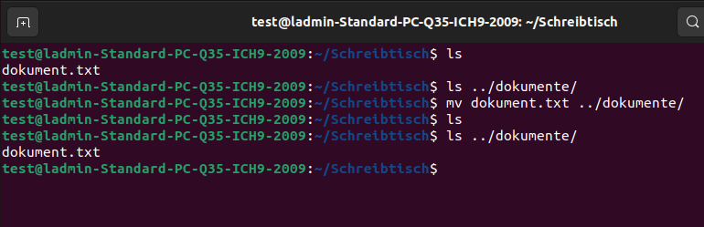 Bildschirmfoto: Ein Screenshot eines Ubuntu Terminals in den standard Farben, auf dem Terminal ist der Befehl »mv dokument.txt ../dokumente/« ausgeführt worden ist. Der Befehl verschiebt die Datei dokument.txt in das Verzeichnis dokumente/.