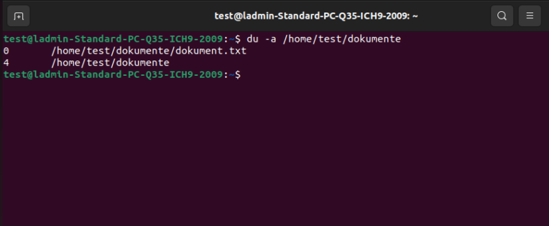 Bildschirmfoto: Ein Screenshot eines Ubuntu Terminals in den standard Farben, auf dem Terminal ist der Befehl »du -a /home/test/dokumente« ausgeführt worden ist. Dieser Befehl gibt die Größe jedes Verzeichnisses und jeder Datei im Verzeichnis /home/mein_benutzername/dokumente und seinen Unterordnern aus. Die Option -a (oder --all) zeigt alle Dateien im Verzeichnis an, einschließlich versteckter Dateien.