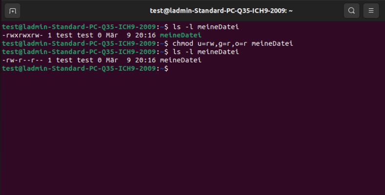 Bildschirmfoto: Ein Screenshot eines Ubuntu Terminals in den standard Farben, auf dem Terminal ist der Befehl »lchmod u=rw,g=r,o=r meineDatei« ausgeführt worden ist. Durch den Befehl, werden die Zugriffsrechte für den Eigentümer ("u" für "user") auf Lese- und Schreibzugriff ("rw") und für die Gruppe ("g" für "group") und andere ("o" für "others") auf Lesezugriff ("r") für 'meineDatei' gesetzt.